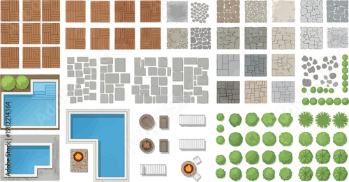 Top Down Vector Landscape Design Elements Featuring Swimming Pools Paving And Garden Vegetation