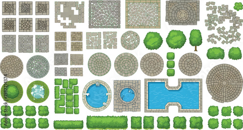 Top Down Vector Landscape Design Elements Featuring Stone Paving And Garden Hedges