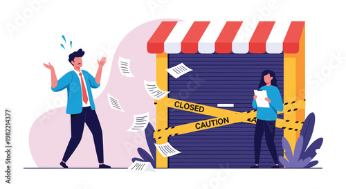 Desperate shop owner standing by a closed store with caution tape while an official records data representing bankruptcy, failure, or lockdown.
