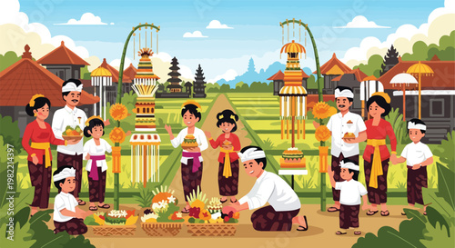 Balinese families celebrate Galungan with offerings by lush, green rice fields