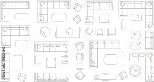 Top View Architectural Furniture Layout Set Featuring Various Modern Sofa And Table Configurations