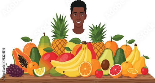 Cheerful person surrounded by a vibrant array of tropical fruits and vegetables Vector