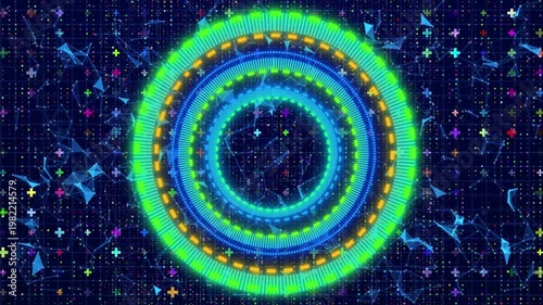 Vibrant Futuristic Digital Background Showcasing Glowing Concentric HUD Circles In Various Neon Colors Like Pink, Blue, And Green, Centered Over A Dark Blue Data Grid With Connecting Plexus Lines And 