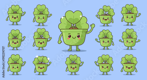 Cute cartoon tulips with surprised faces on a light background