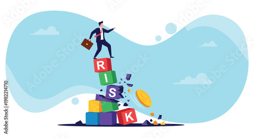 Businessman balancing on top of a crumbling tower of colorful blocks labeled RISK as coins fall down symbolizing financial danger and instability.