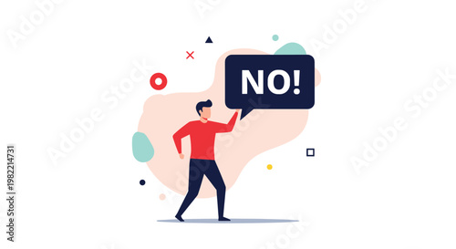Assertive man holding a speech bubble with a loud NO exclamation representing refusal, setting boundaries, and negative feedback in communication.
