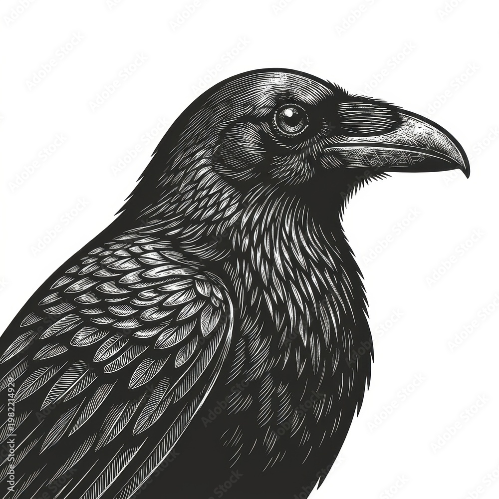 Naklejka premium Raven close-up profile with detailed feathers and beak, gothic wildlife style, sketch engraving vector illustration with scratchboard effect.