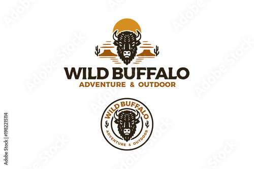 Buffalo head with dessert retro badge logo design set for outdoor. Wild bison with cactus vintage patch symbol pack for adventure. bull head with sunset dessert rustic element designs for wilderness