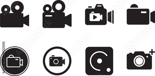 Collection of black and white camera icons representing various types of video and photography equipment