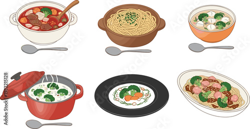 Soup and Pasta Dishes Collection with Vegetables and Meat Top View Food Illustration Set for Restaurant Menu and Home Cooking Design