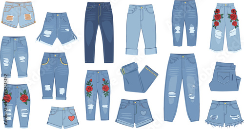 Set of denim jeans and shorts collection, trendy casual clothing with ripped and embroidered designs, modern fashion apparel vector illustration
