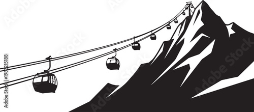 Mountain cable car, ski lift, gondola vector, black silhouette, winter sports