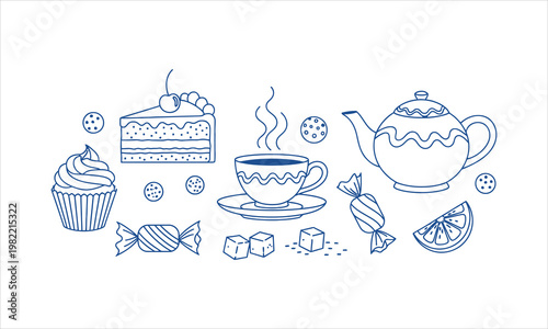 Hand-Drawn Desserts and Tea Set: Cake, Cupcake, Candies, Teapot, and Coffee Cup