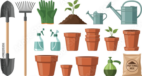 Essential gardening tools and supplies for planting and nurturing plants Vector