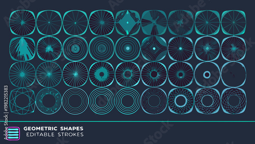 Abstract arrangement of teal and dark blue geometric circular shapes