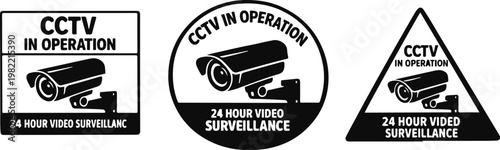 3 CCTV security camera signs featuring square, circle and triangle warning shapes for surveillance design silhouette vector
