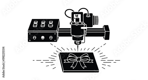 Laser engraving machine precisely carves a decorative bow design onto a flat material surface to demonstrate advanced manufacturing capabilities.