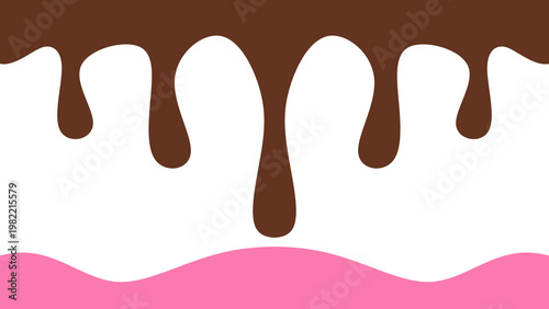 Sweet melting chocolate and pink strawberry icing glaze background. Melted syrup or dripping liquid sauce. Minimalist sweet chocolate and strawberry pink background. Minimalist wavy background.