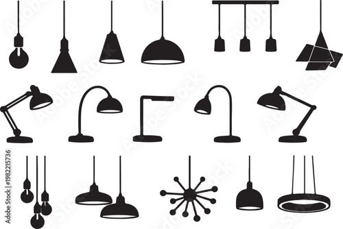 Modern lighting fixtures silhouette set, hanging pendant lamps and desk lights, interior illumination collection