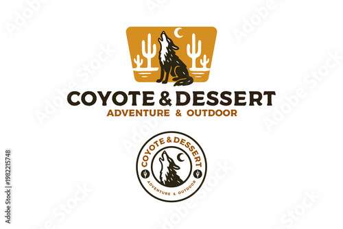 Coyote howling with dessert retro badge logo design set for adventure. Howling wolf with desert scene vintage patch symbol pack for wildlife. Wild canine rustic element designs for camping exploration