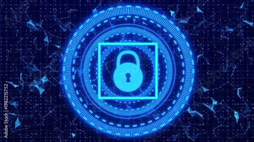 Futuristic Digital Cybersecurity Animation Featuring A Glowing Neon Blue Padlock Icon Centered Within High-tech HUD Rings And A Complex Plexus Network Background With A Dark Blue Grid Of Light Points 