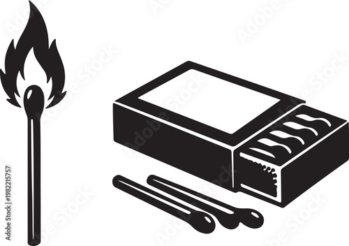 Matchbox and lit matchstick silhouette, Fire starter safety line art drawing vector Illustration