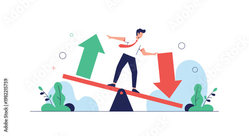 Businessman balancing on a seesaw between a large green upward arrow and a red downward arrow representing market volatility and financial shifts.
