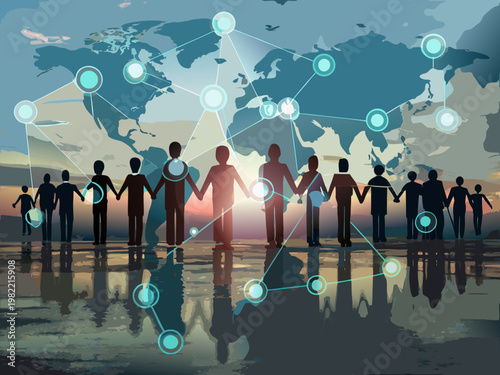 Global connectivity and unity represented by people holding hands with a world map