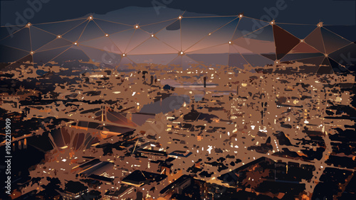 Abstract polygonal cityscape illuminated at dusk with connecting network lines