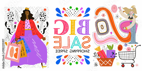 Colorful illustration promoting a big shopping sale with two women