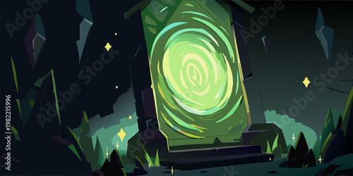 Glowing green portal stands amidst dark jagged rock formations