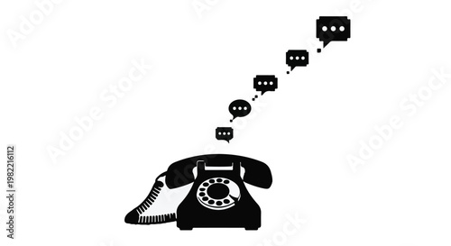 Telephone icon featuring a rotary dial handset with ascending speech bubbles represents active communication and customer support services.