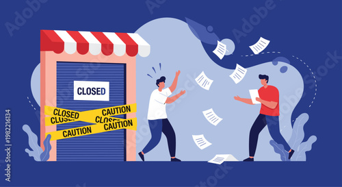 Two distressed business owners standing in front of their closed shop with papers flying in the air representing total business failure and bankruptcy.