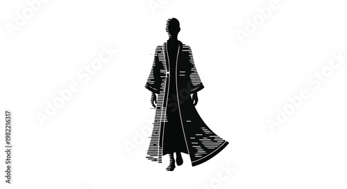 Person wearing a long flowing traditional robe stands in a minimalist black and white graphic illustration style that emphasizes movement and elegant silhouette design.