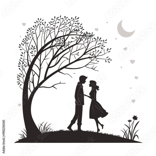 Romantic couple silhouette, love illustration, moonlit night, vector valentine's day design
