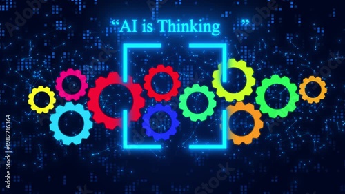 Futuristic Conceptual Visualization Of Artificial Intelligence With Glowing Colorful Gears And Cogs On A Dark Blue Digital Network Background Featuring The Text 