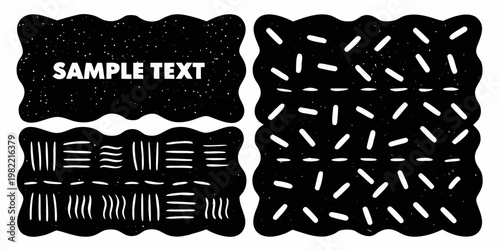 Four black abstract frames with varying white line patterns and sample text