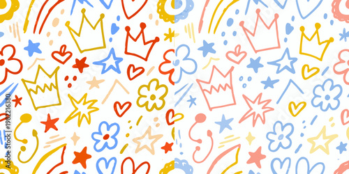 Colorful doodle pattern featuring crowns stars hearts and floral shapes