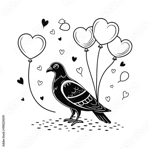 Black pigeon, heart balloons, love bird, Valentine's Day vector