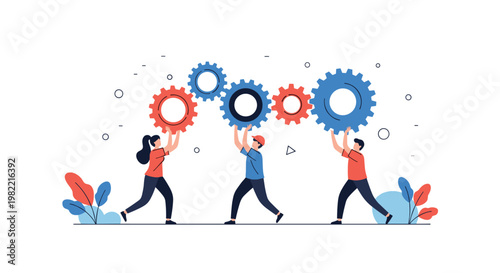 Team of three workers collaborating to lift and carry a sequence of interlocked mechanical gears representing synchronization and operational teamwork.
