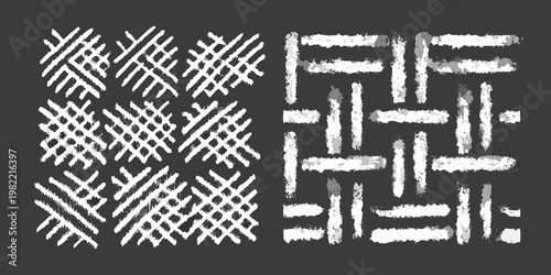 Geometric patterns a black background with white woven and linear designs