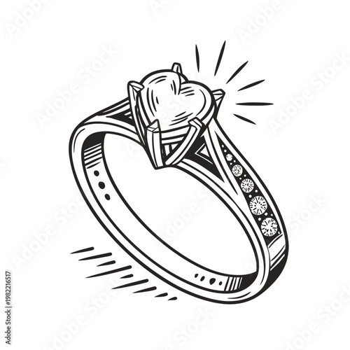 Vintage engagement ring, diamond solitaire, jewelry illustration, black and white, wedding band