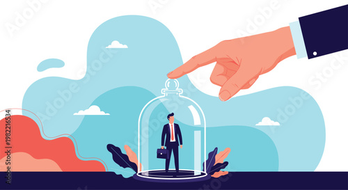 Businessman protected under glass bell jar from giant finger above symbolizing corporate safety or insurance security concept.