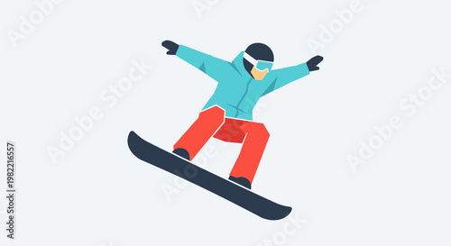 Flat illustration of a person snowboarding in mid-air, wearing a blue jacket, red pants, helmet, and goggles, on a plain white background.