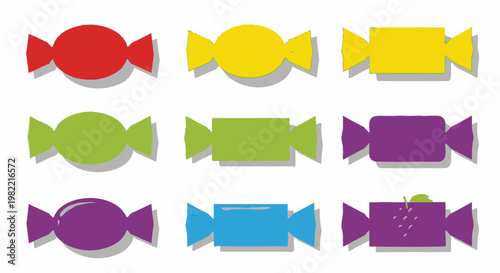 A grid of nine colorful wrapped candies in various shapes and hues, featuring red, yellow, green, purple, and blue designs with subtle shadows.