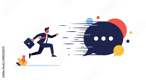 Businessman in suit running with briefcase towards large dark speech bubble symbolizing communication speed and urgent messages in office.