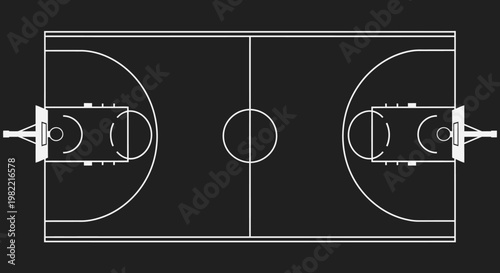 Overhead view of a minimalist basketball court diagram with white lines on a dark background.
