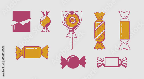 A collection of various candies and sweets in a flat design style with pink and orange outlines and fills on a light background.