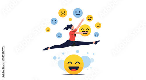 Athletic woman performs mid-air split while surrounded by various emoji faces representing emotional intelligence and mood management.