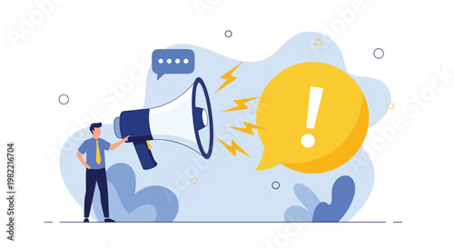 Businessman uses large white megaphone to shout at a giant exclamation mark speech bubble representing loud announcements and alerts.